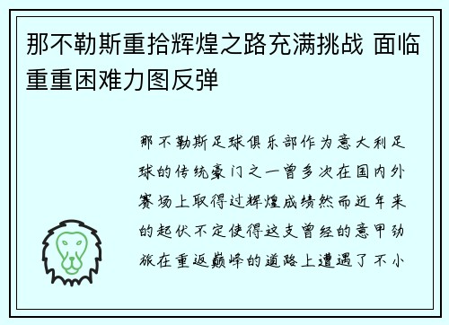 那不勒斯重拾辉煌之路充满挑战 面临重重困难力图反弹